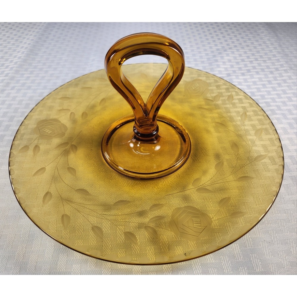 Cambridge Glass Center Handle Tray Elegant Majestic Etch Amber Plate Hand Blown